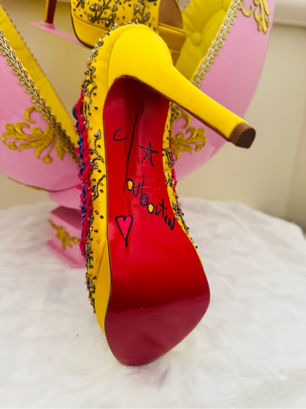 Christian Louboutin Yellow Embroidered Peep-Toe Platform Heels with Navy Trim - Picture 6 of 12